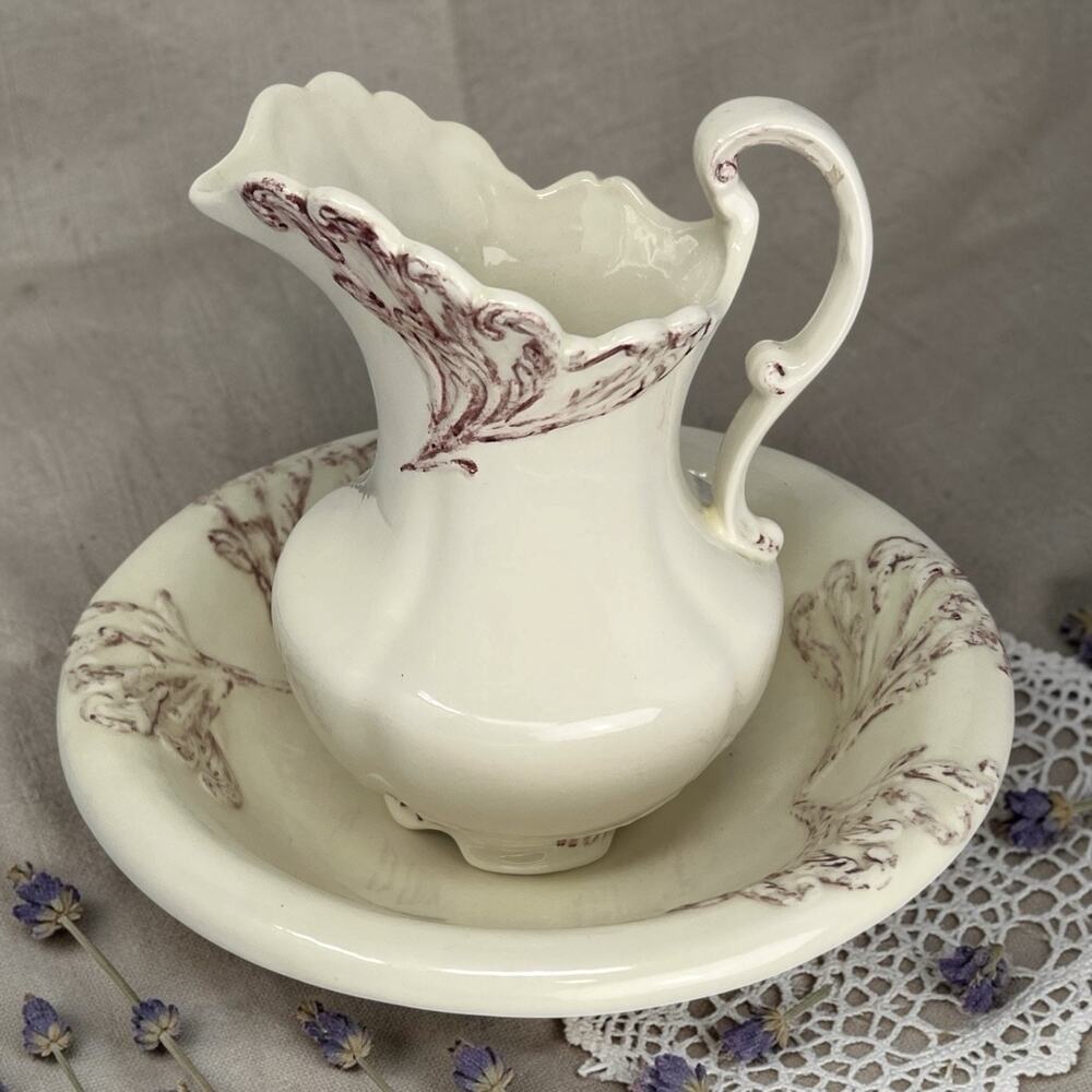 Vintage Handmade Ceramic Pitcher Bowl Set Cottagecore Farmhouse